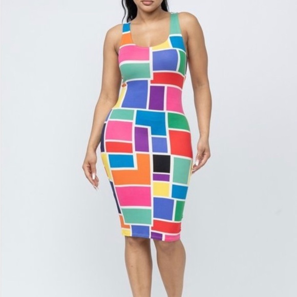 TANK TOP MULTI COLORFUL COLOR BLOCK FITTED BODYCON‎ MIDI DRESS - Picture 4 of 13
